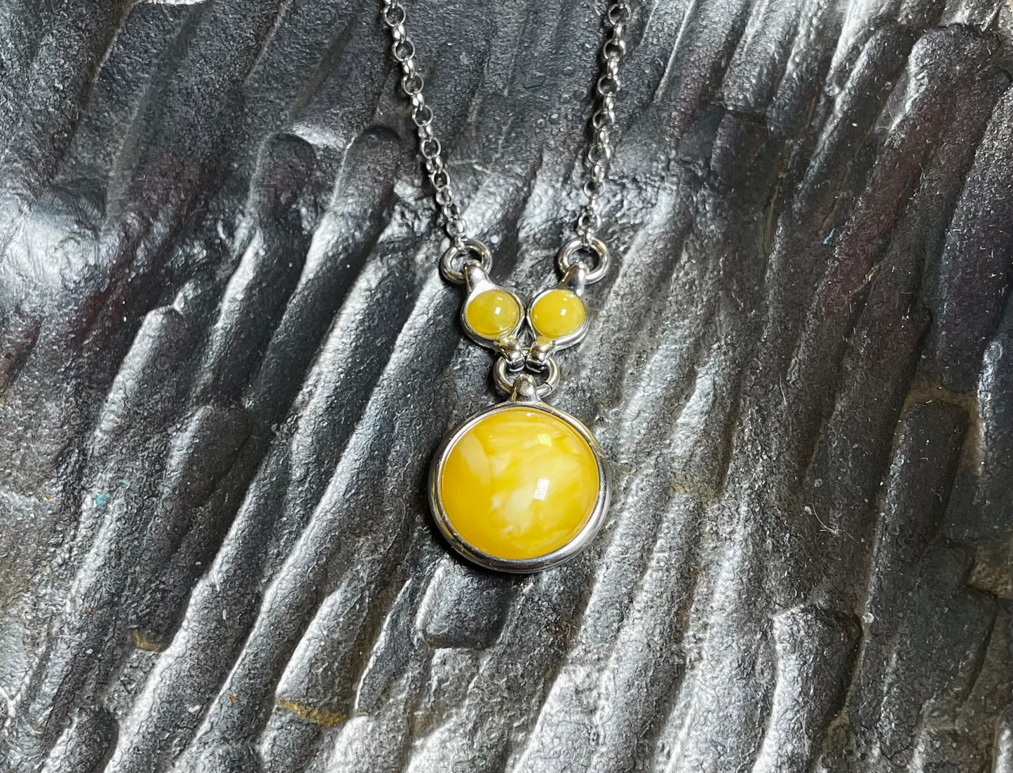 Handmade Baltic Natural Beeswax(Yellow)Amber Round Tag 925 Sterling Silver Pendant Necklace