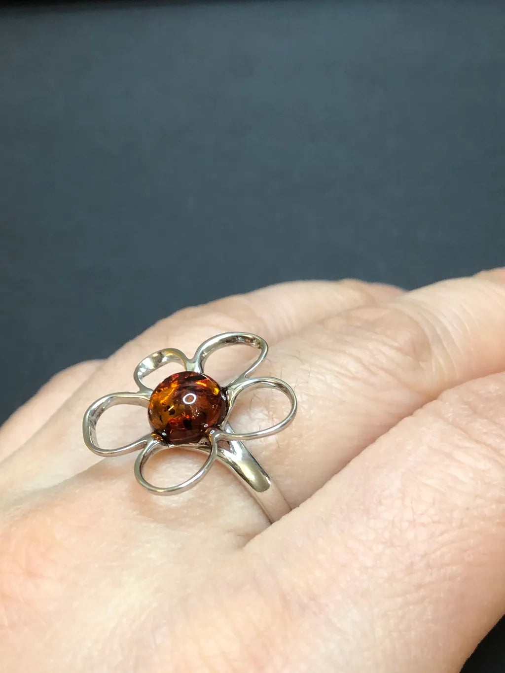 Handmade Baltic Natural Piebald Amber Apple Blossom 925 Sterling Silver Ring Size 7.5