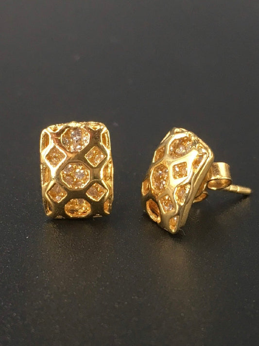 Antique Carved Window Lattices Style Hollow Out Swarovski Crystal 18K Gold Plated 925 Sterling Silver Rectangle Stud Earrings
