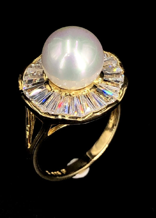 9mm White Swarovski Bar Crystal Pearl Bead 18K Gold Plated 925 Sterling Silver Ring