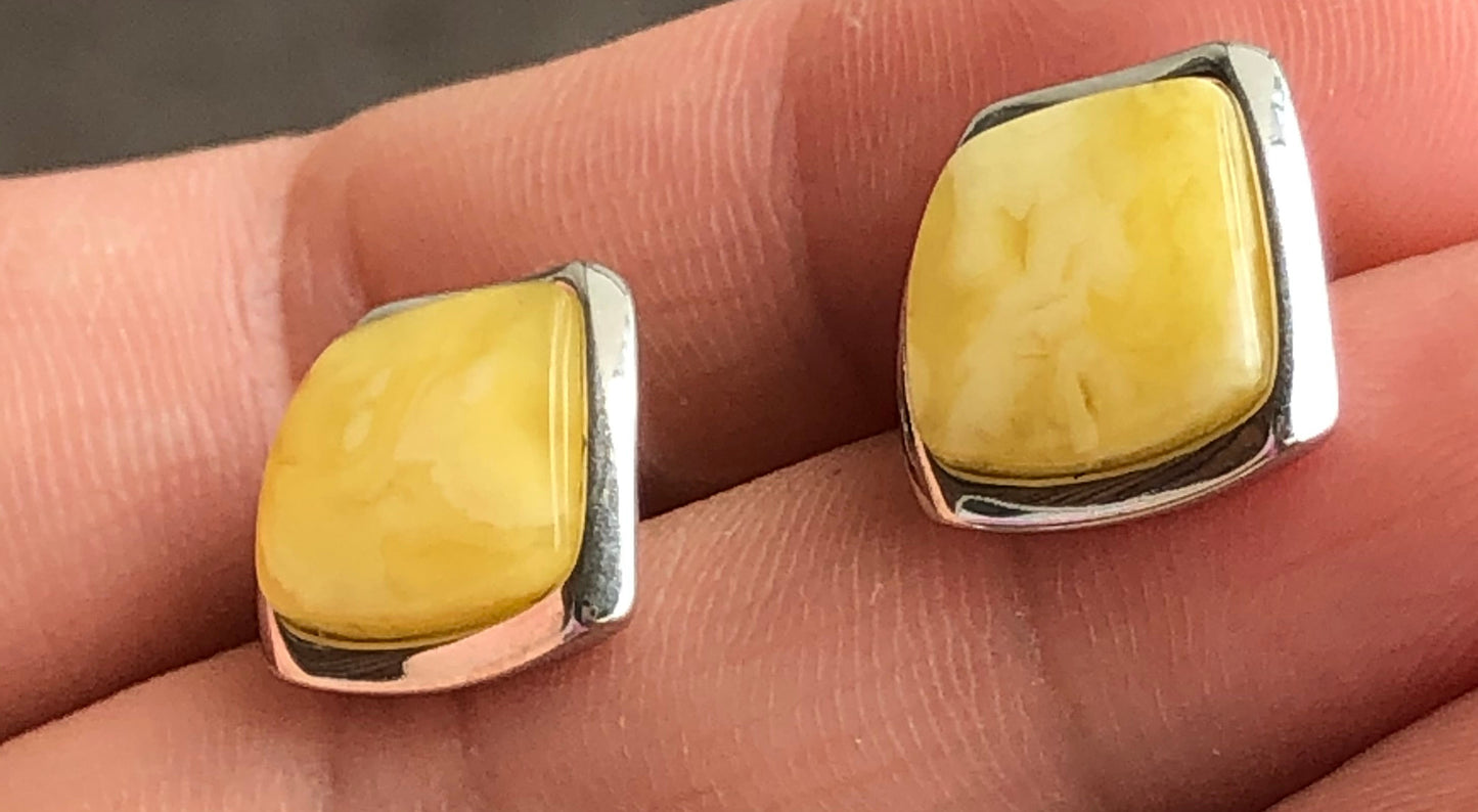Handmade Baltic natural white amber trapezoidal 925 sterling silver stud earrings