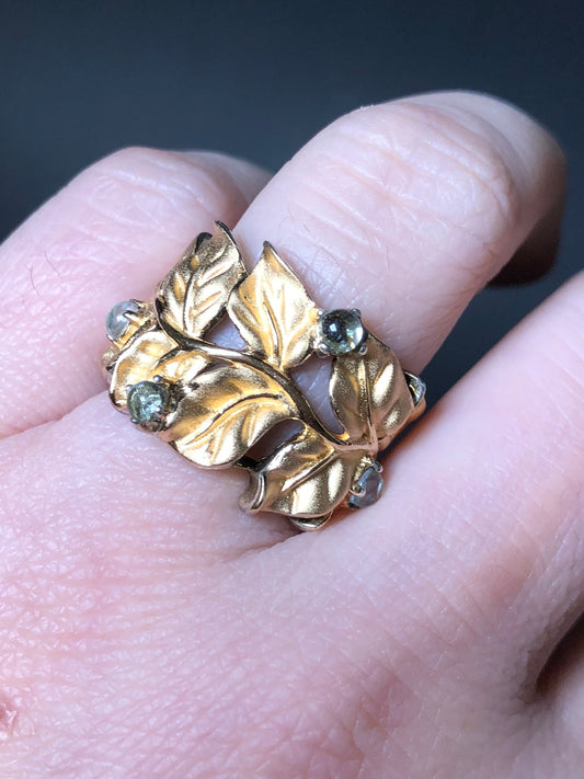 A vintage ring from Europe, made of 925 sterling silver and gilt silver, set with cubic zirconia. It has a very substantial and weighty feel.