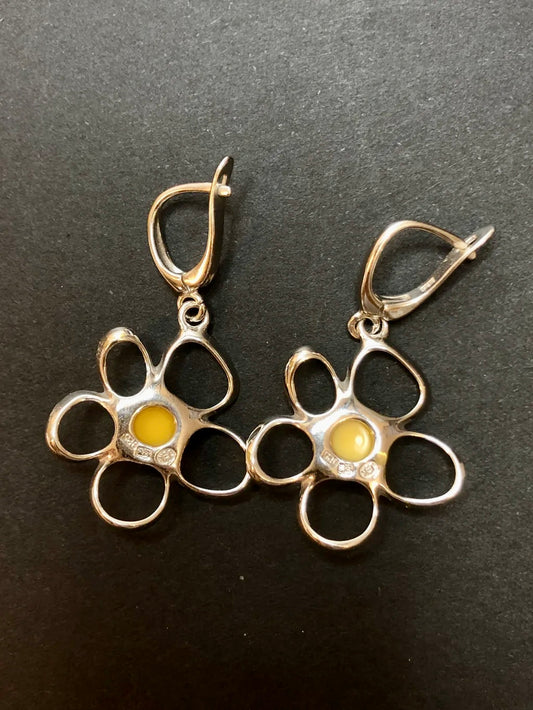 Baltic Natural Chicken-fat Yellow Amber Apple Blossom 925 Sterling Silver Earrings