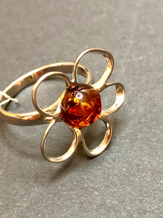 Handmade Baltic Natural Piebald Amber Apple Blossom 925 Sterling Silver Ring Size 7.5