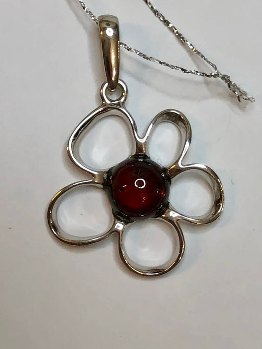 Baltic Natural Red Amber Apple Blossom 925 Sterling Silver Pendant (without a chain)