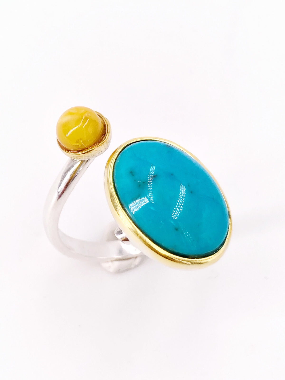 Baltic Yellow Amber & Pine Adjustable Ring | Gold-Plated 925 Sterling Silver