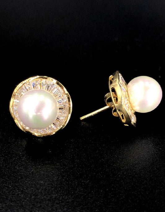 9mm White Swarovski Bar Crystal Pearl Bead 18K Gold Plated 925 Sterling Silver Stud Earrings