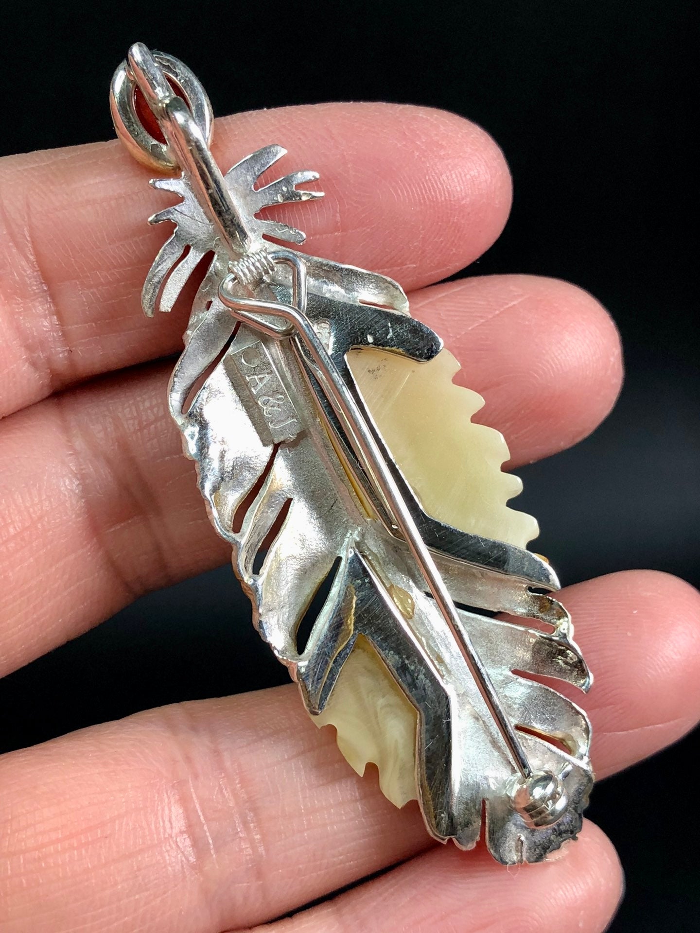 Handmade Genuine Baltic Natural White Amber and Italian red coral feather-shaped three-dimensional 925 Pendant/Brooch without a chain