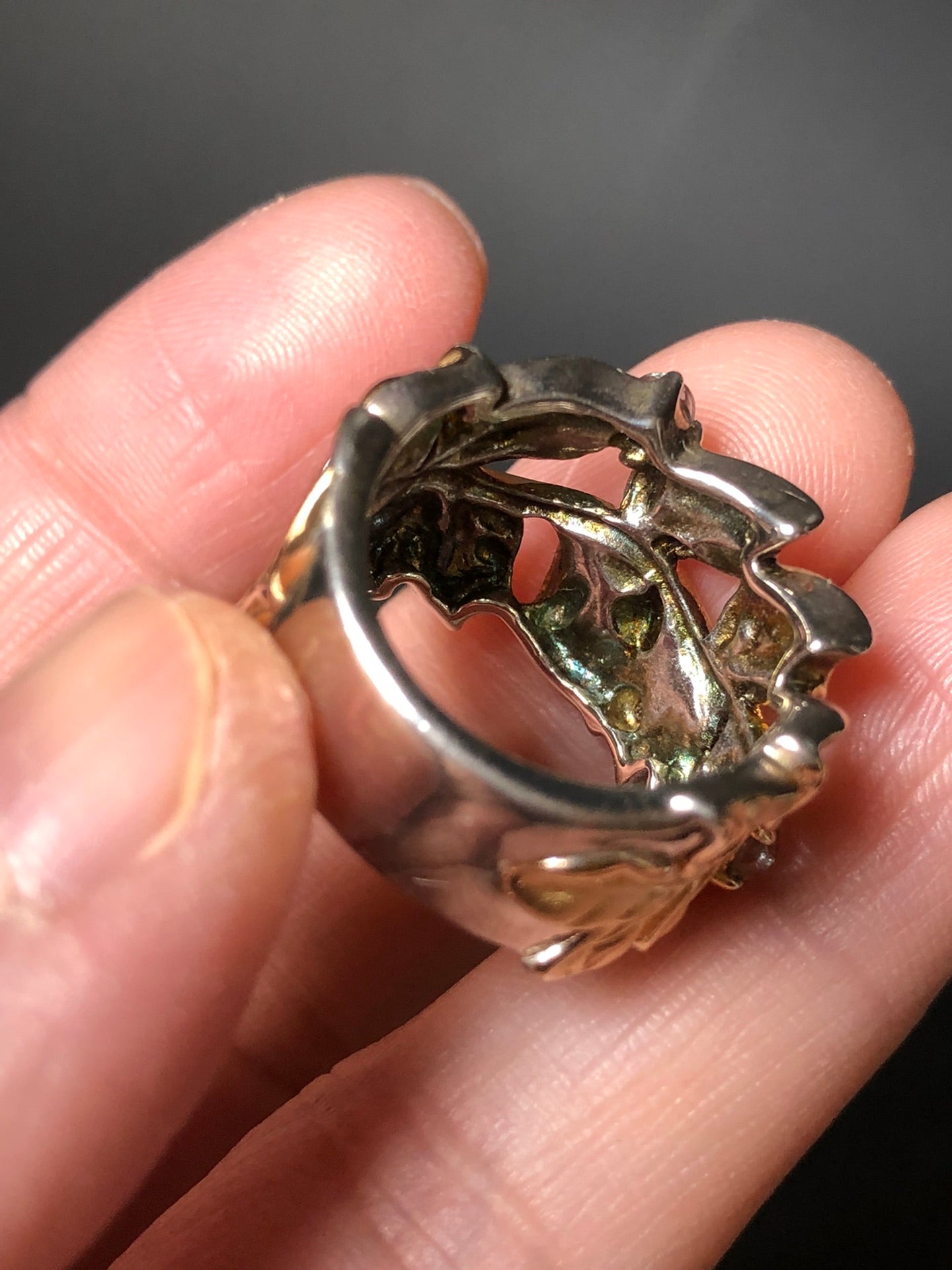 A vintage ring from Europe, made of 925 sterling silver and gilt silver, set with cubic zirconia. It has a very substantial and weighty feel.