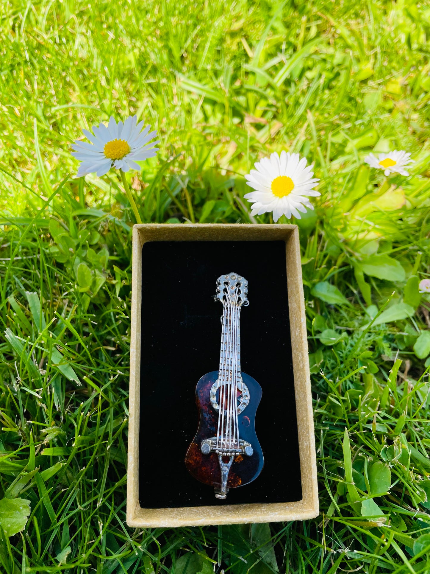 Handmade Genuine Cognac Amber Classical Guitar 🎸 Brooch