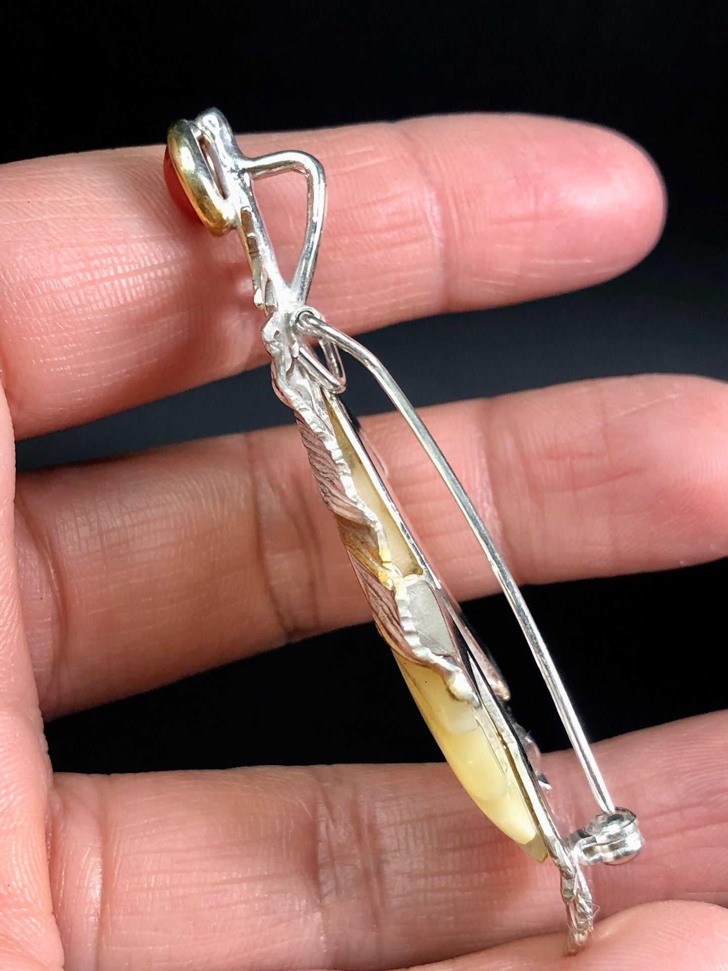 Handmade Genuine Baltic Natural White Amber and Italian red coral feather-shaped three-dimensional 925 Pendant/Brooch without a chain