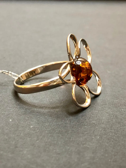 Handmade Baltic Natural Red Amber Apple Blossom 925 Sterling Silver Ring Size 8