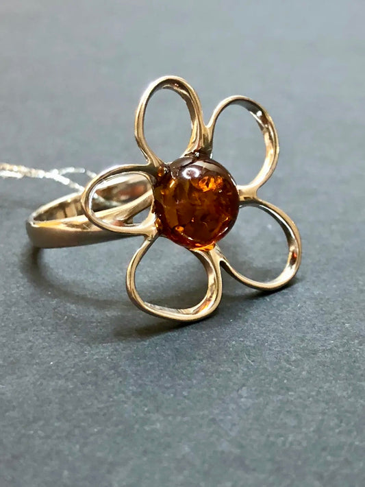 Handmade Baltic Natural Piebald Amber Apple Blossom 925 Sterling Silver Ring Size 7.5