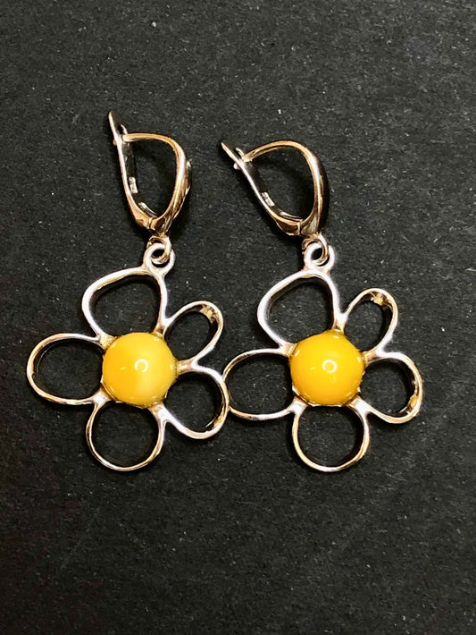 Baltic Natural Chicken-fat Yellow Amber Apple Blossom 925 Sterling Silver Earrings