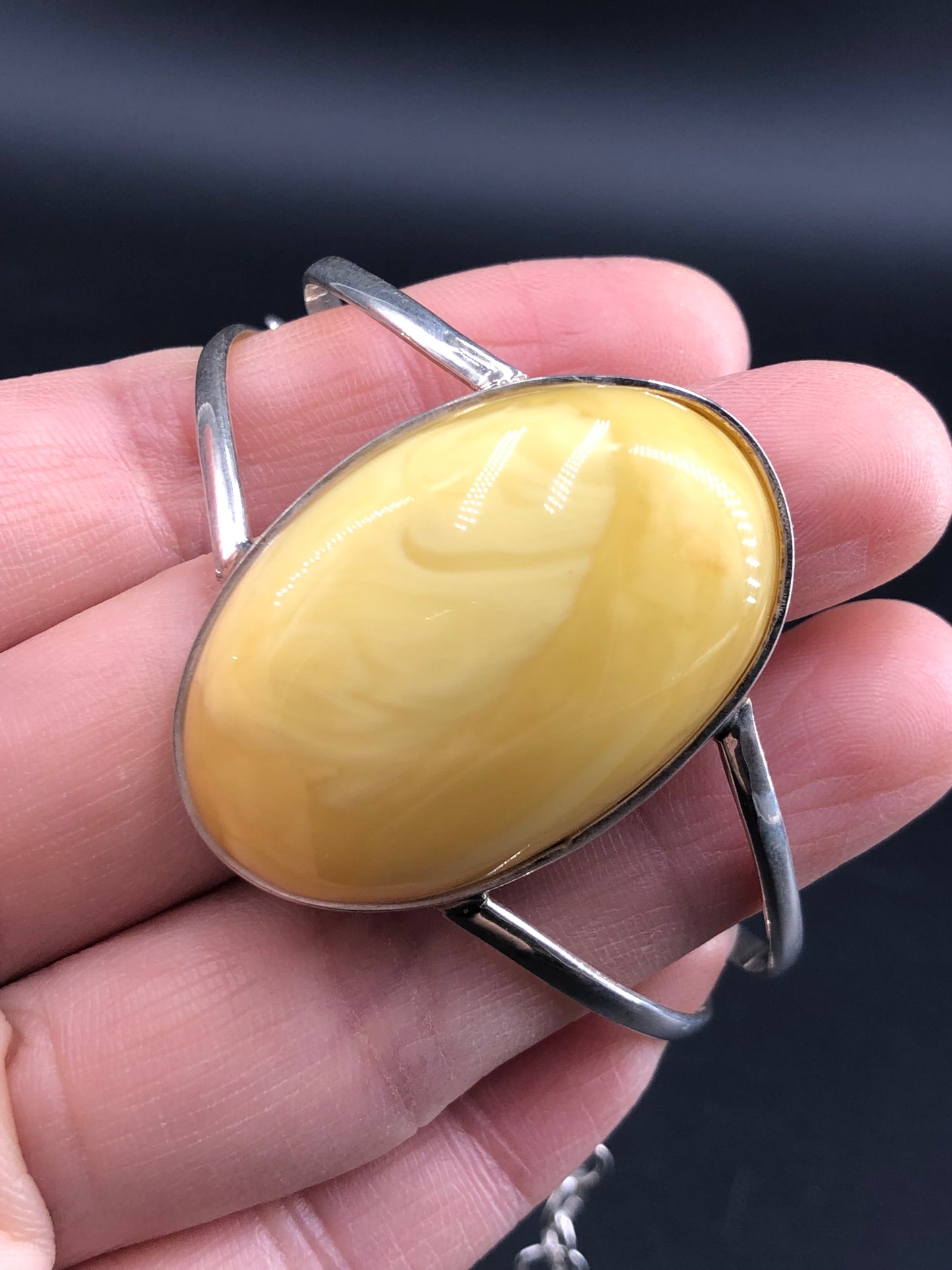 Baltic Natural Amber Oval Cabochon 925 Silver  adjustable Bangle
