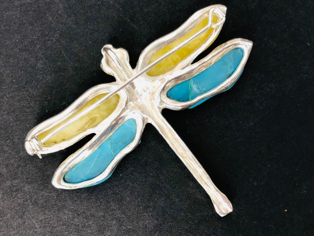 Handmade Genuine Baltic Natural Yellow Amber and American Turquoise (Dragonfly 🦗 Brooch & Pendant) with a leather rope