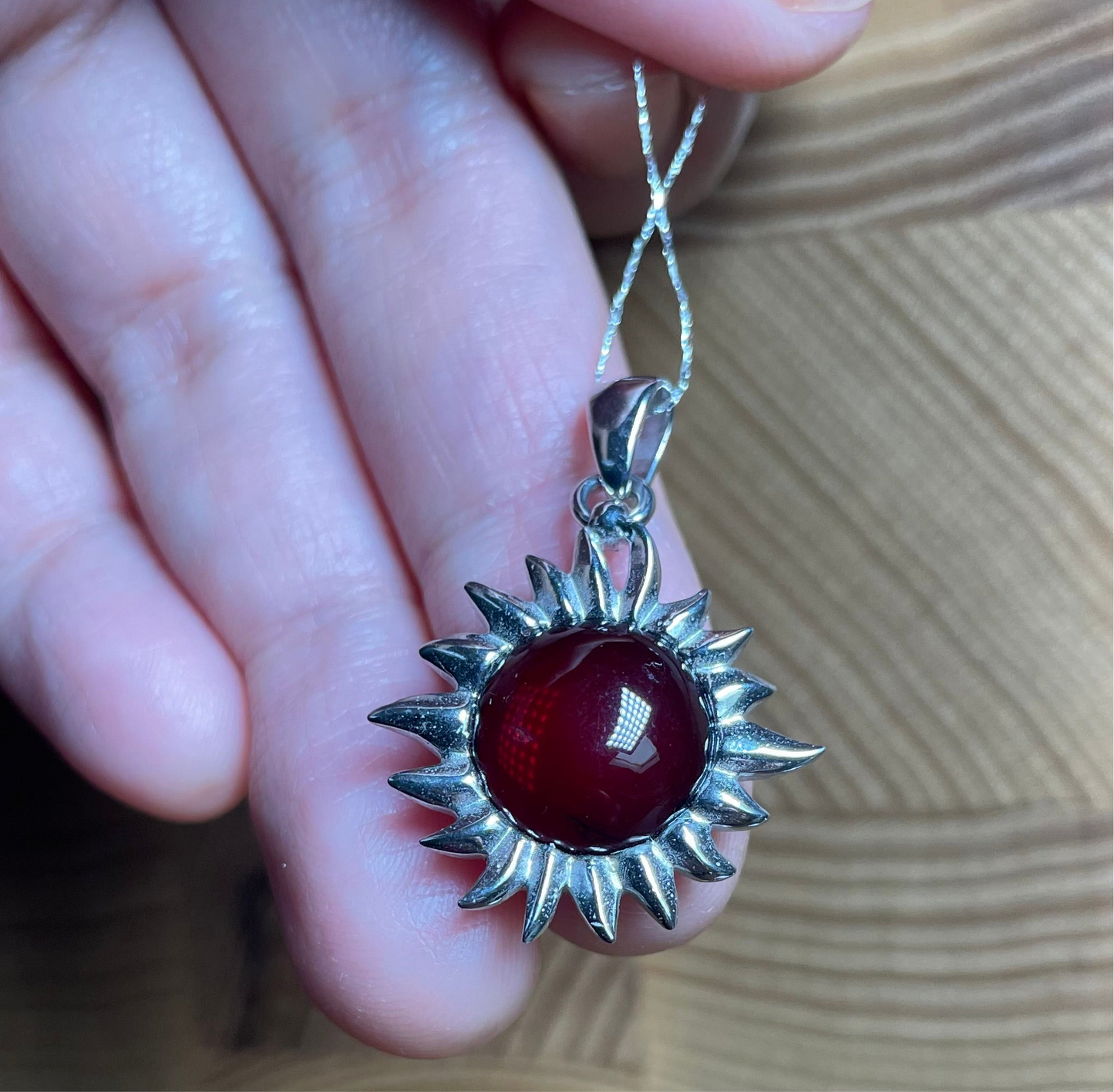 Handmade Baltic Natural Red Amber Sun 925 Sterling Silver Pendant