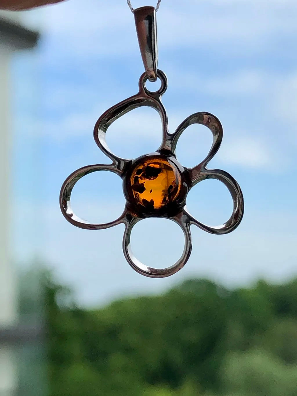 Handmade Baltic Natural Piebald Amber Apple Blossom 925 Sterling Silver Pendant (without a chain)
