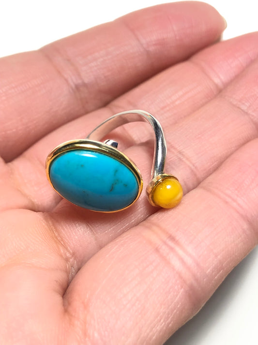 Handmade Natural Turquoise and Yellow Amber Ring