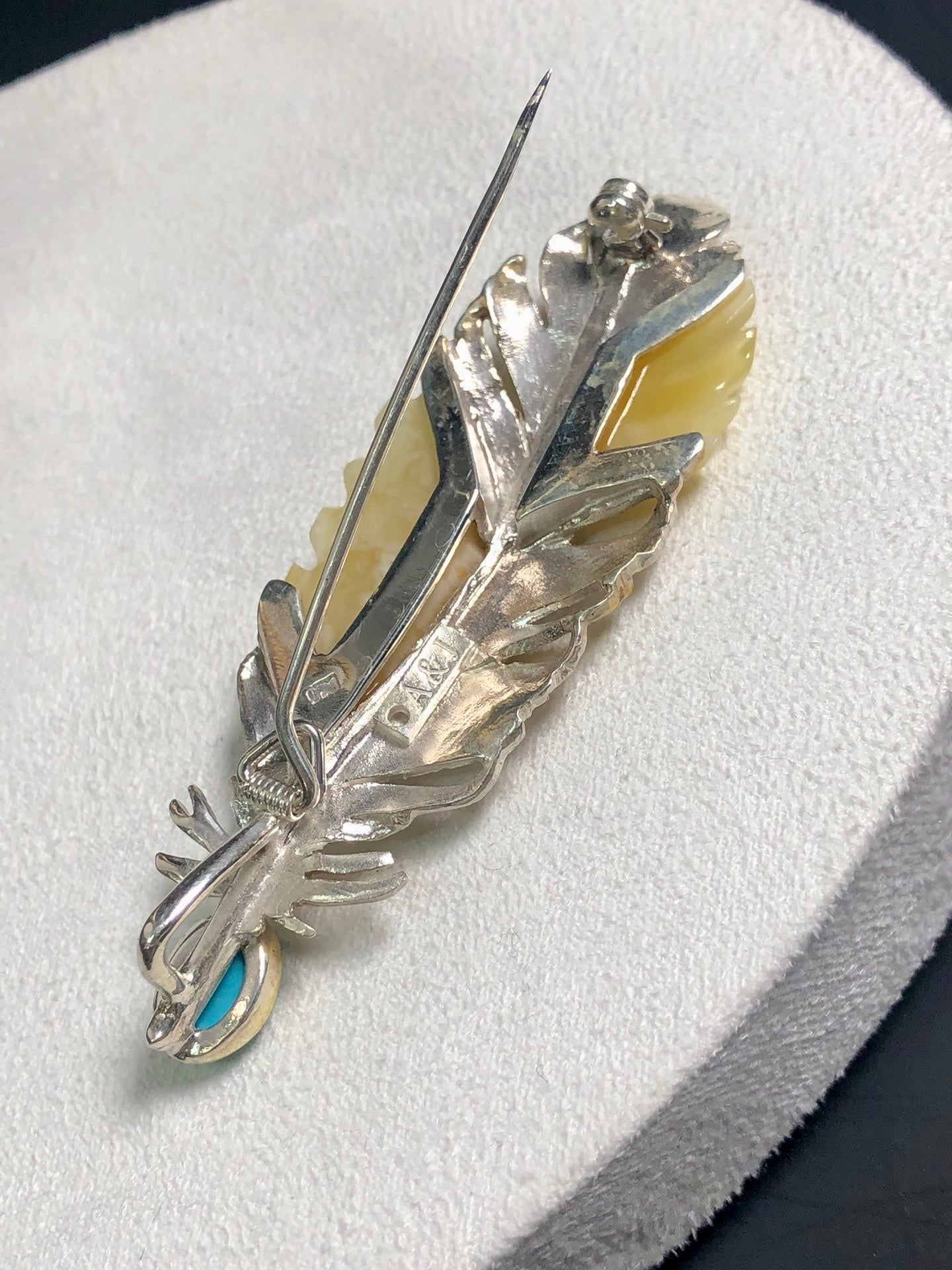 Handmade Genuine Baltic Natural White Amber with turquoise 925 feather-shaped three-dimensionalPendant/Brooch without a chain