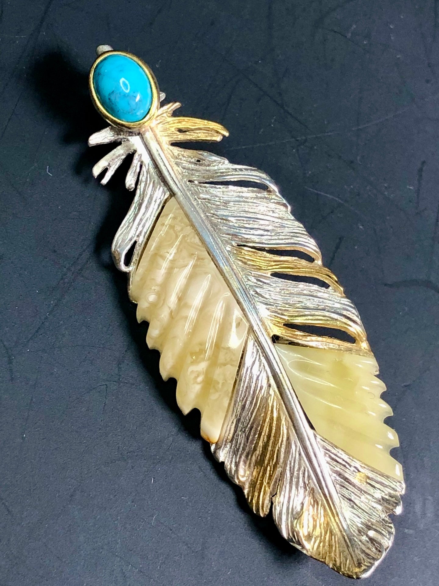 Handmade Genuine Baltic Natural White Amber with turquoise feather-shaped 925 Pendant/Brooch without a chain