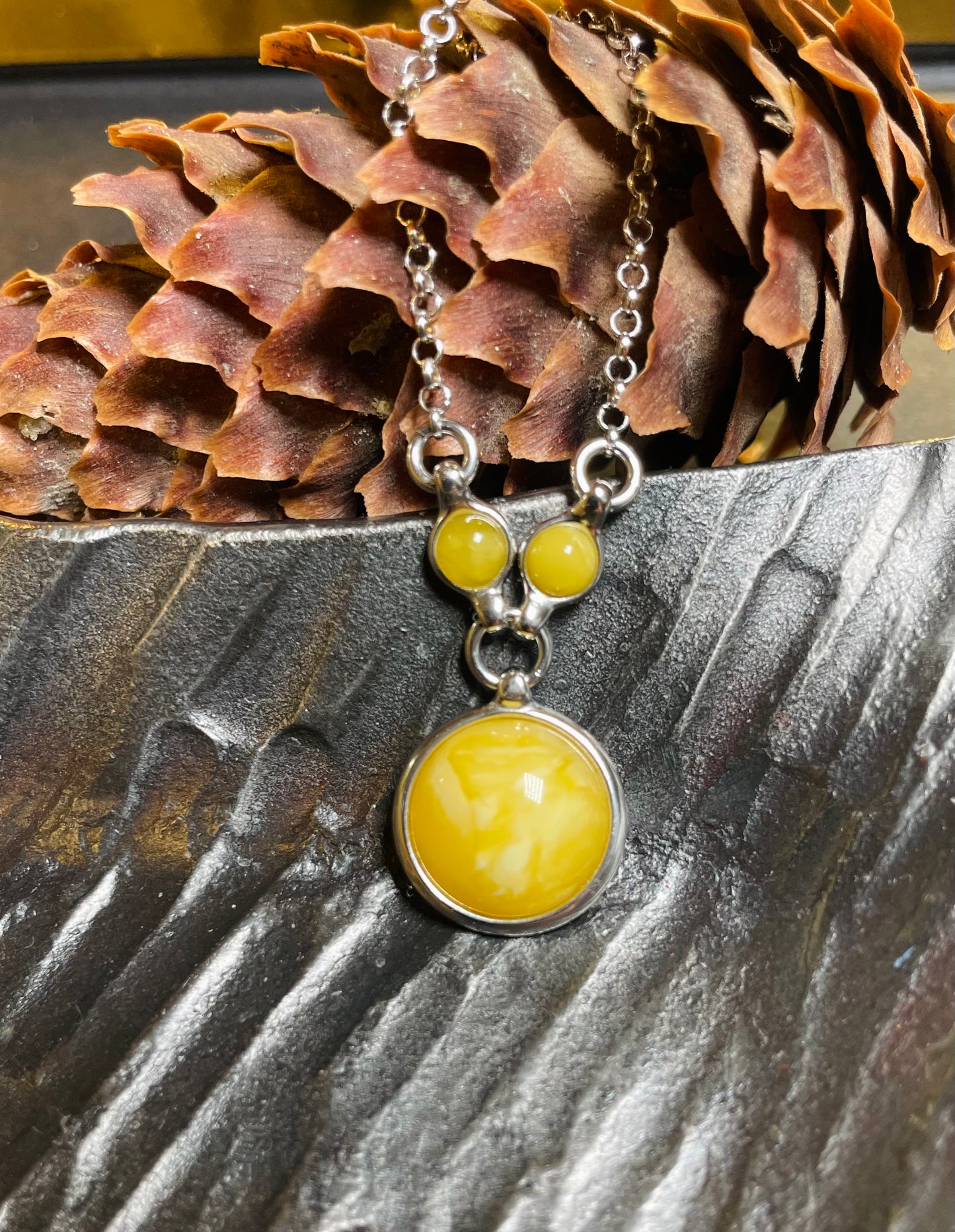 Handmade Baltic Natural Beeswax(Yellow)Amber Round Tag 925 Sterling Silver Pendant Necklace