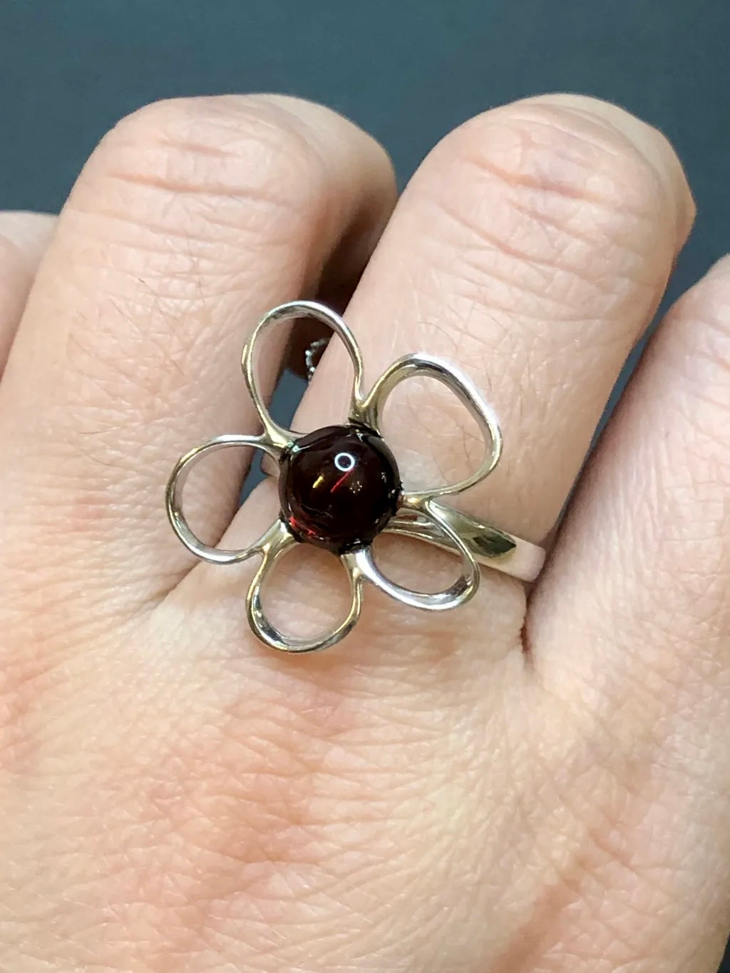 Handmade Baltic Natural Red Amber Apple Blossom 925 Sterling Silver Ring Size 8