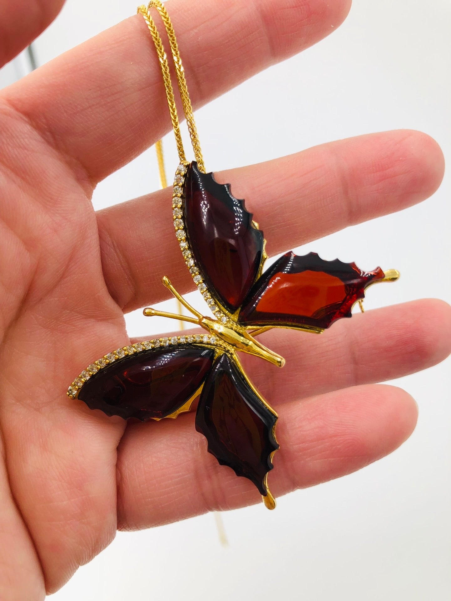 Handmade Genuine Baltic Natural Red Amber Butterfly🦋(Brooch & Pendant) with a chain