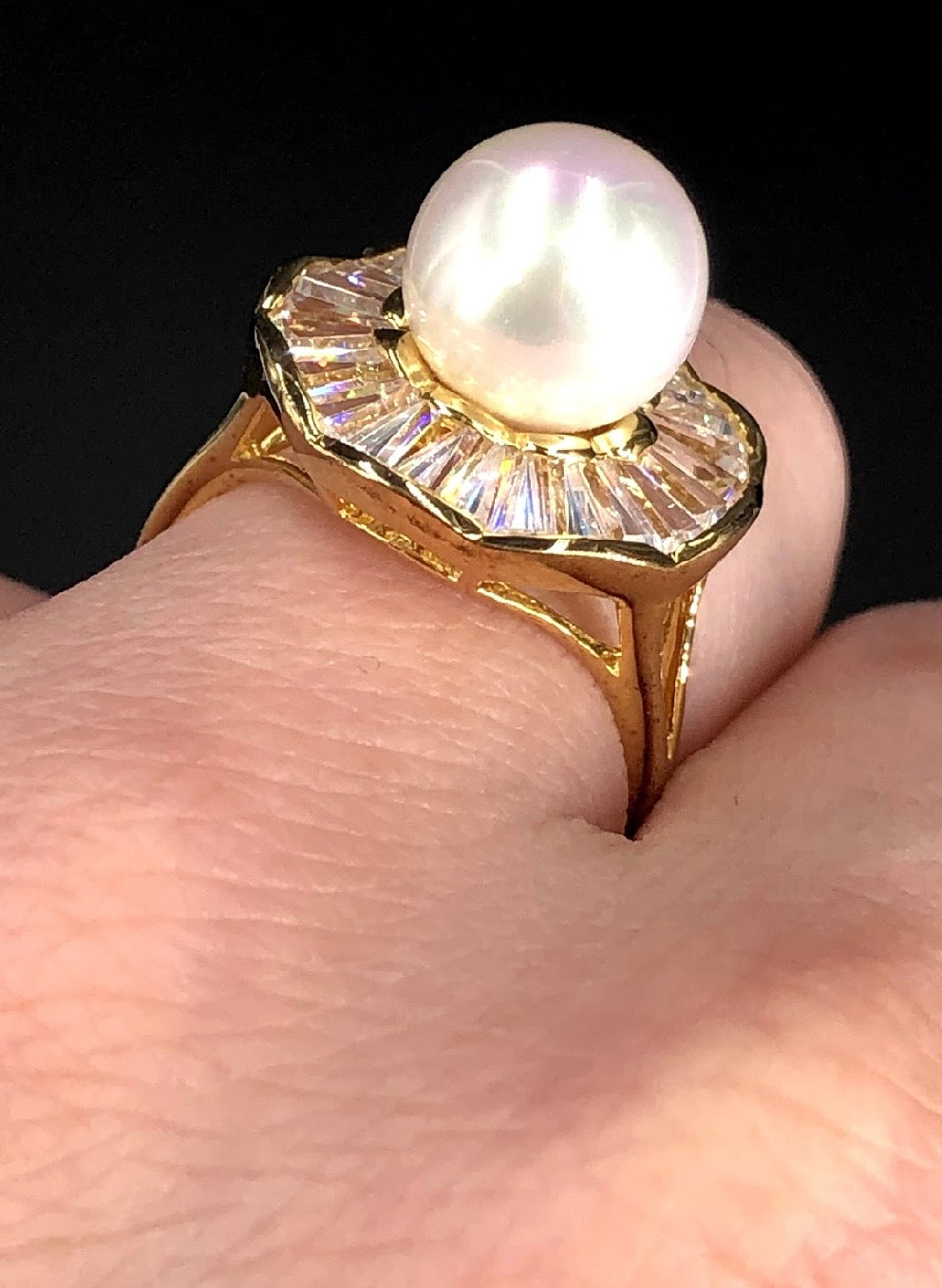 9mm White Swarovski Bar Crystal Pearl Bead 18K Gold Plated 925 Sterling Silver Ring