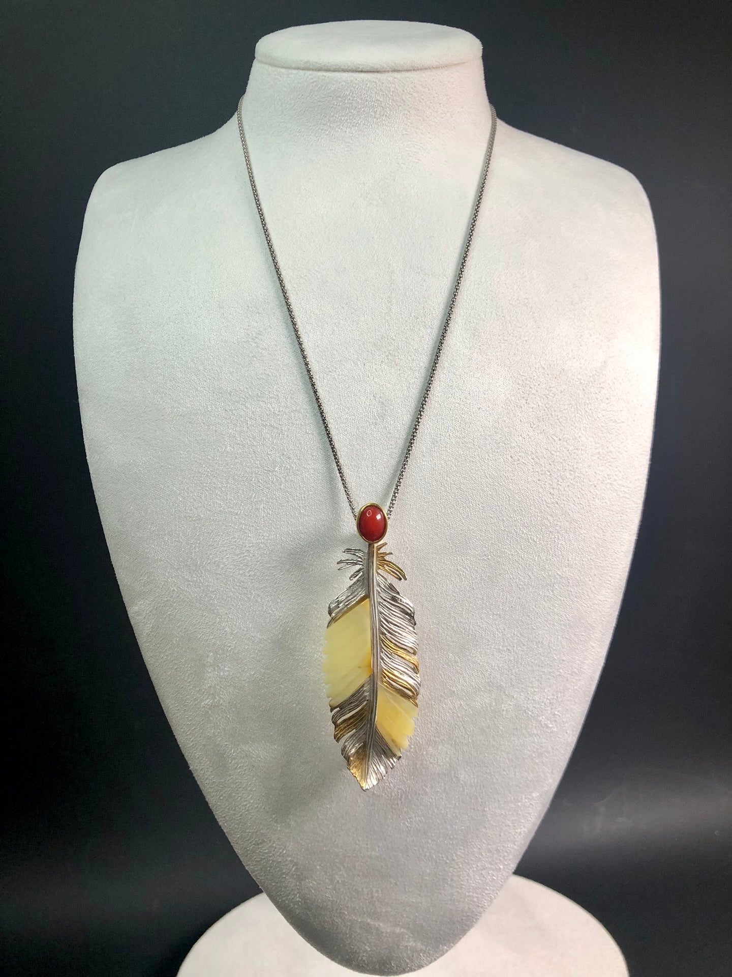 Handmade Genuine Baltic Natural White Amber and Italian red coral feather-shaped three-dimensional 925 Pendant/Brooch without a chain