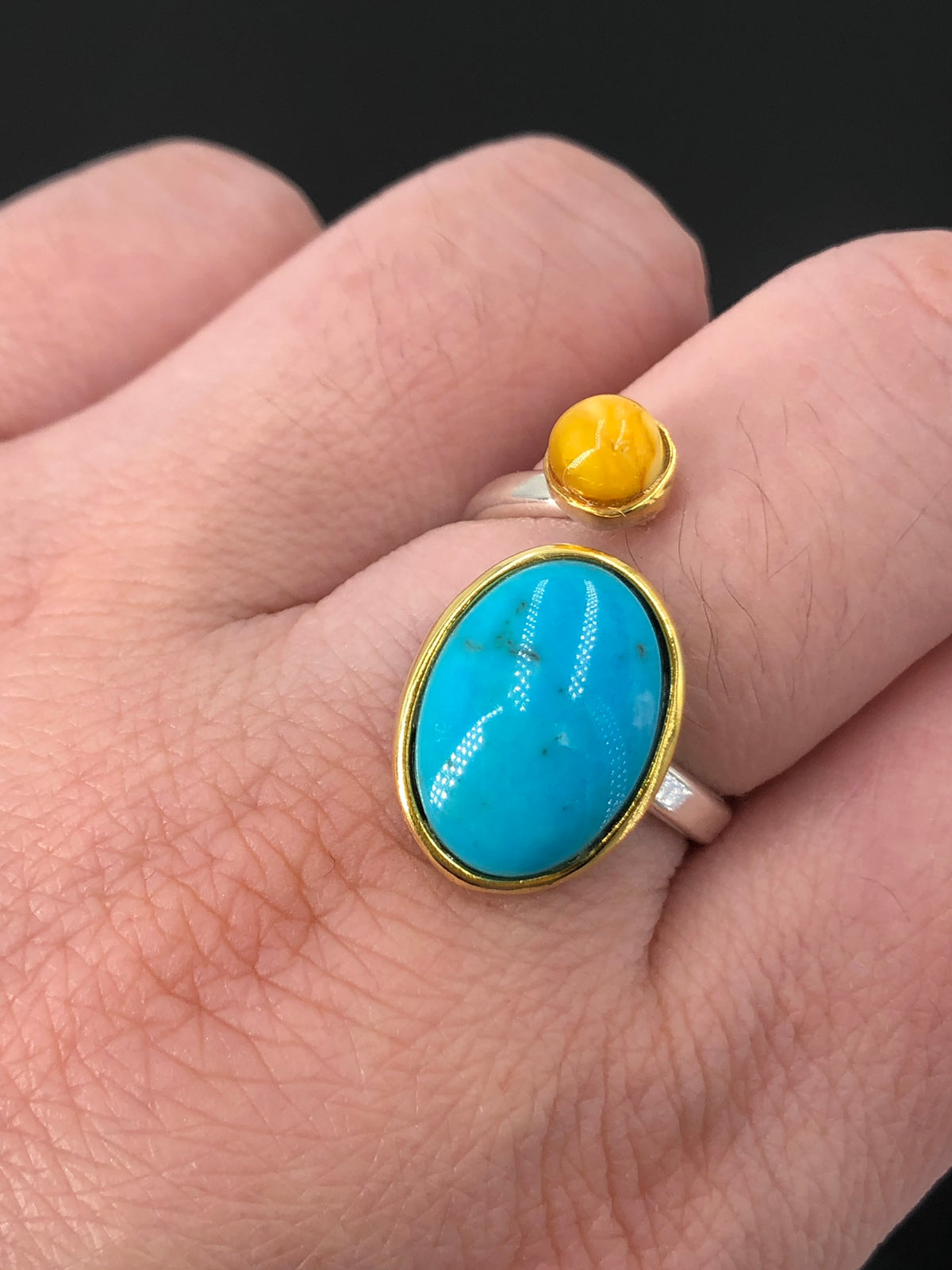 Baltic Yellow Amber & Pine Adjustable Ring | Gold-Plated 925 Sterling Silver