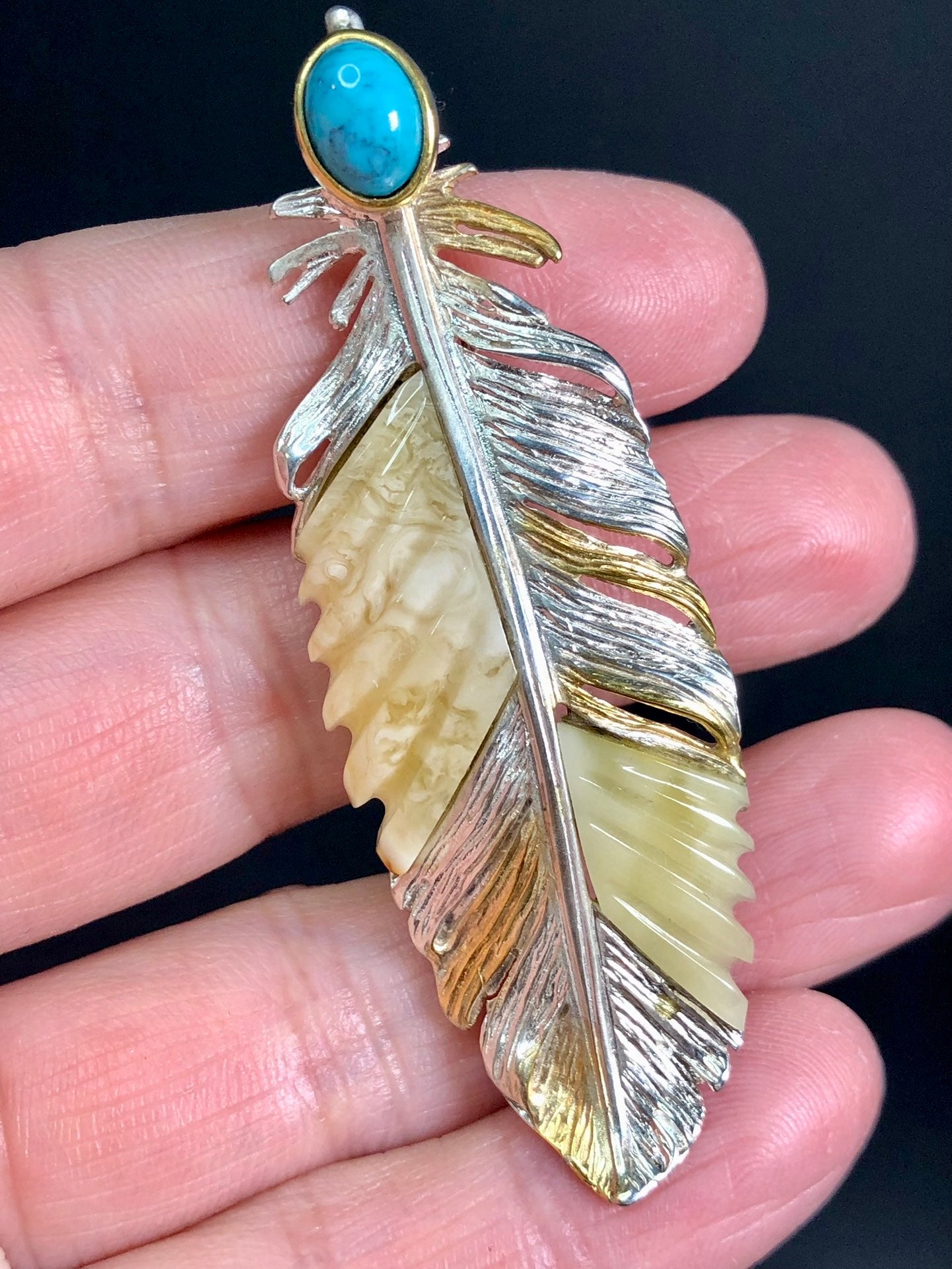 Handmade Genuine Baltic Natural White Amber with turquoise feather-shaped 925 Pendant/Brooch without a chain
