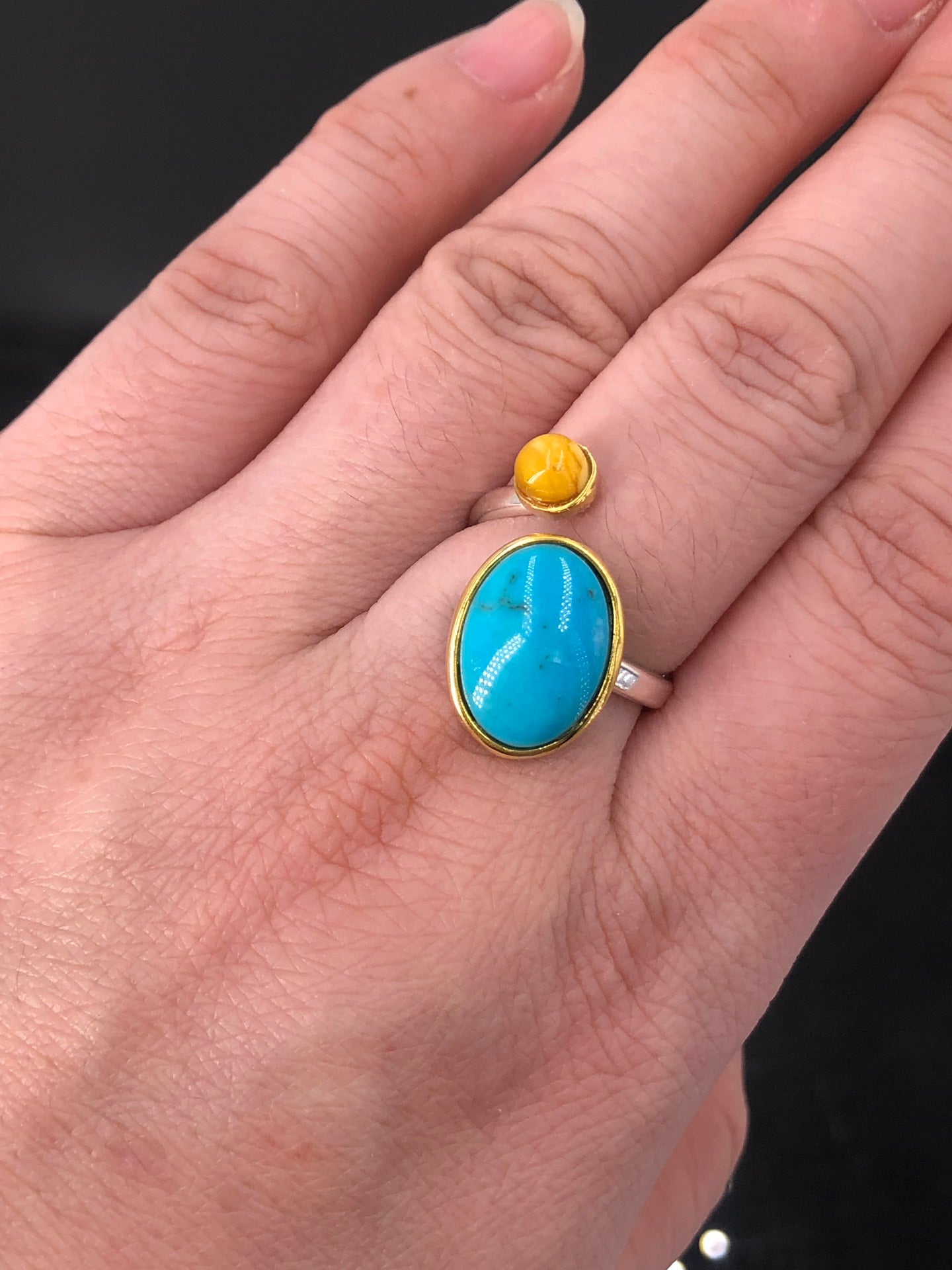 Handmade Natural Turquoise and Yellow Amber Ring