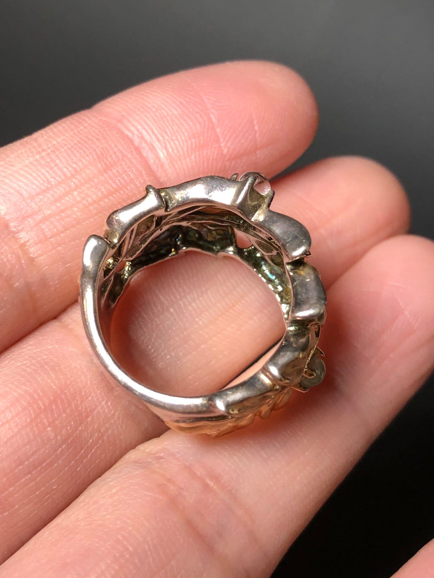 A vintage ring from Europe, made of 925 sterling silver and gilt silver, set with cubic zirconia. It has a very substantial and weighty feel.
