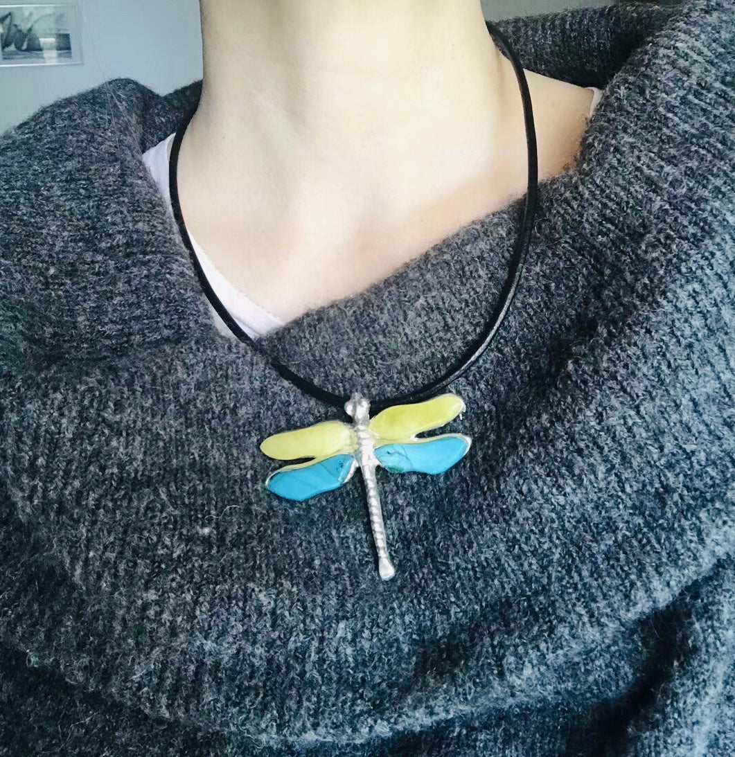 Handmade Genuine Baltic Natural Yellow Amber and American Turquoise (Dragonfly 🦗 Brooch & Pendant) with a leather rope