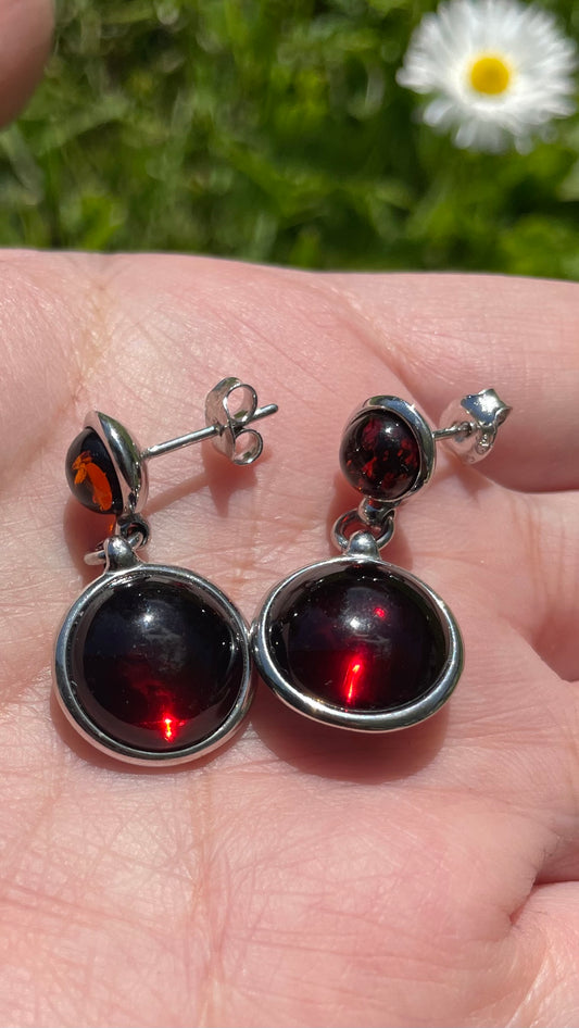 Handmade Baltic Natural Red Amber Round Tag 925 Sterling Silver Earrings