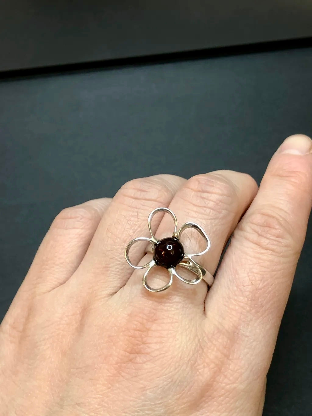 Handmade Baltic Natural Red Amber Apple Blossom 925 Sterling Silver Ring Size 8