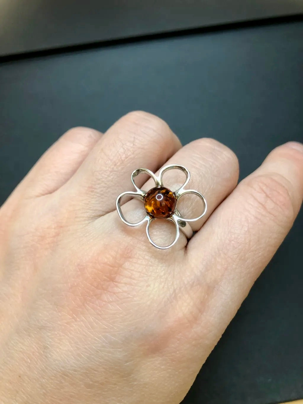 Handmade Baltic Natural Piebald Amber Apple Blossom 925 Sterling Silver Ring Size 7.5