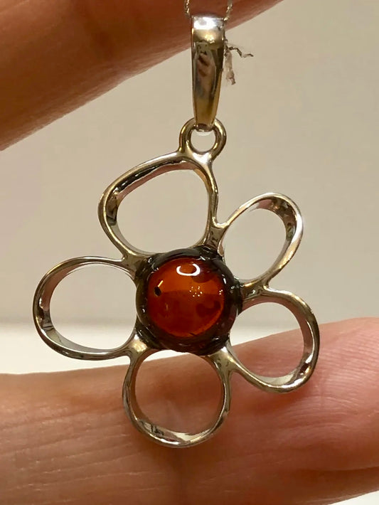 Baltic Natural Red Amber Apple Blossom 925 Sterling Silver Pendant (without a chain)