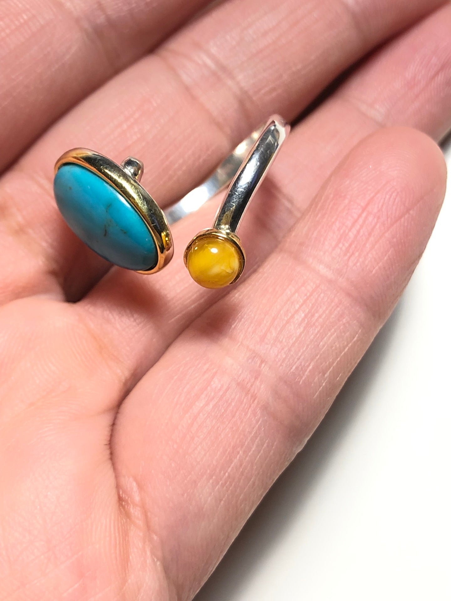 Handmade Natural Turquoise and Yellow Amber Ring