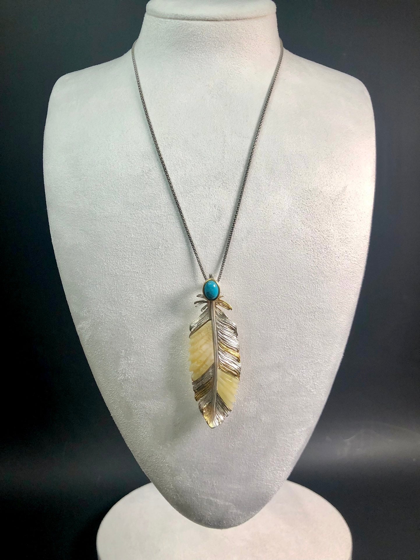 Handmade Genuine Baltic Natural White Amber with turquoise feather-shaped 925 Pendant/Brooch without a chain