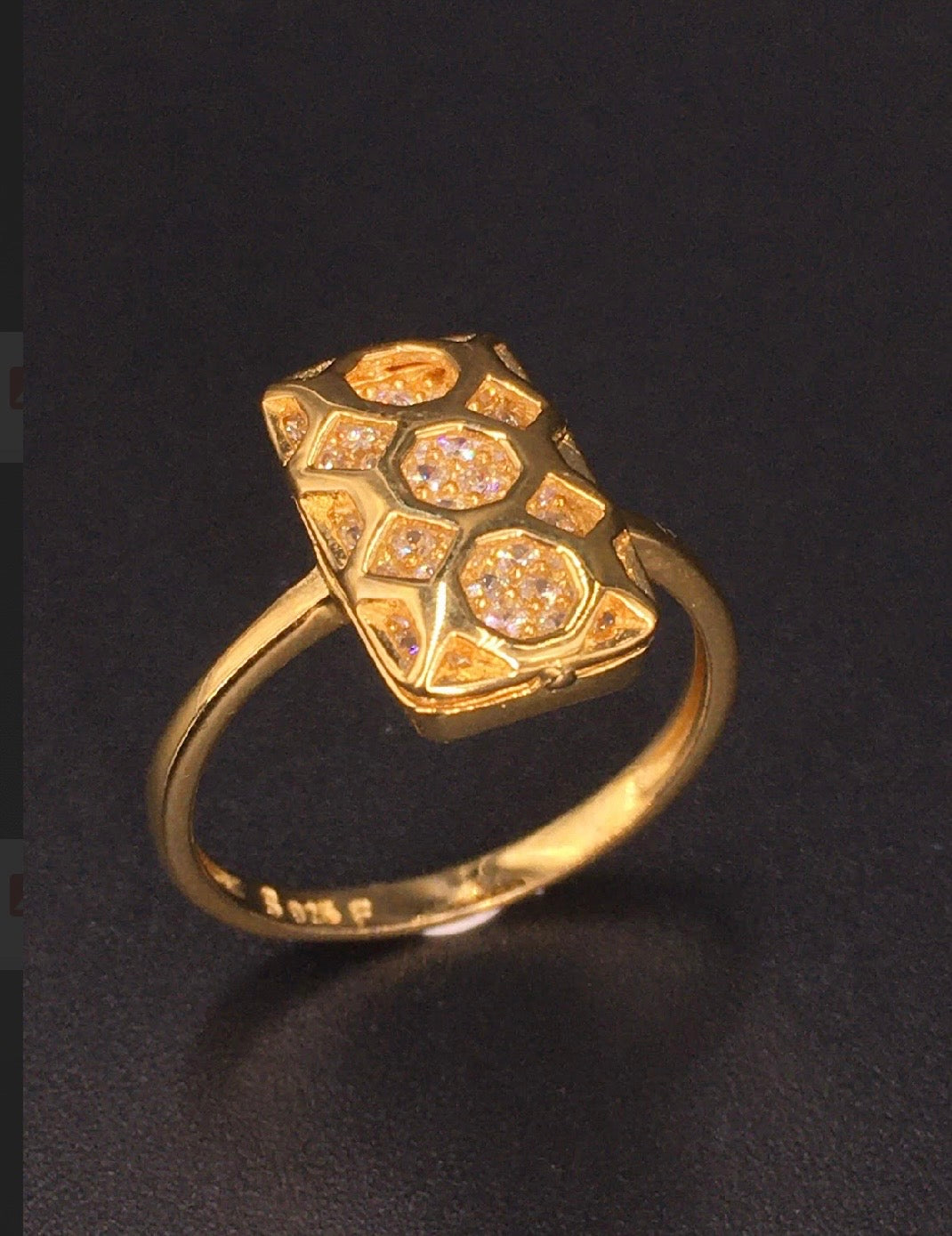 Antique Carved Window Lattices Style Hollow Out Swarovski Crystal 18K Gold Plated 925 Sterling Silver Rectangle Ring