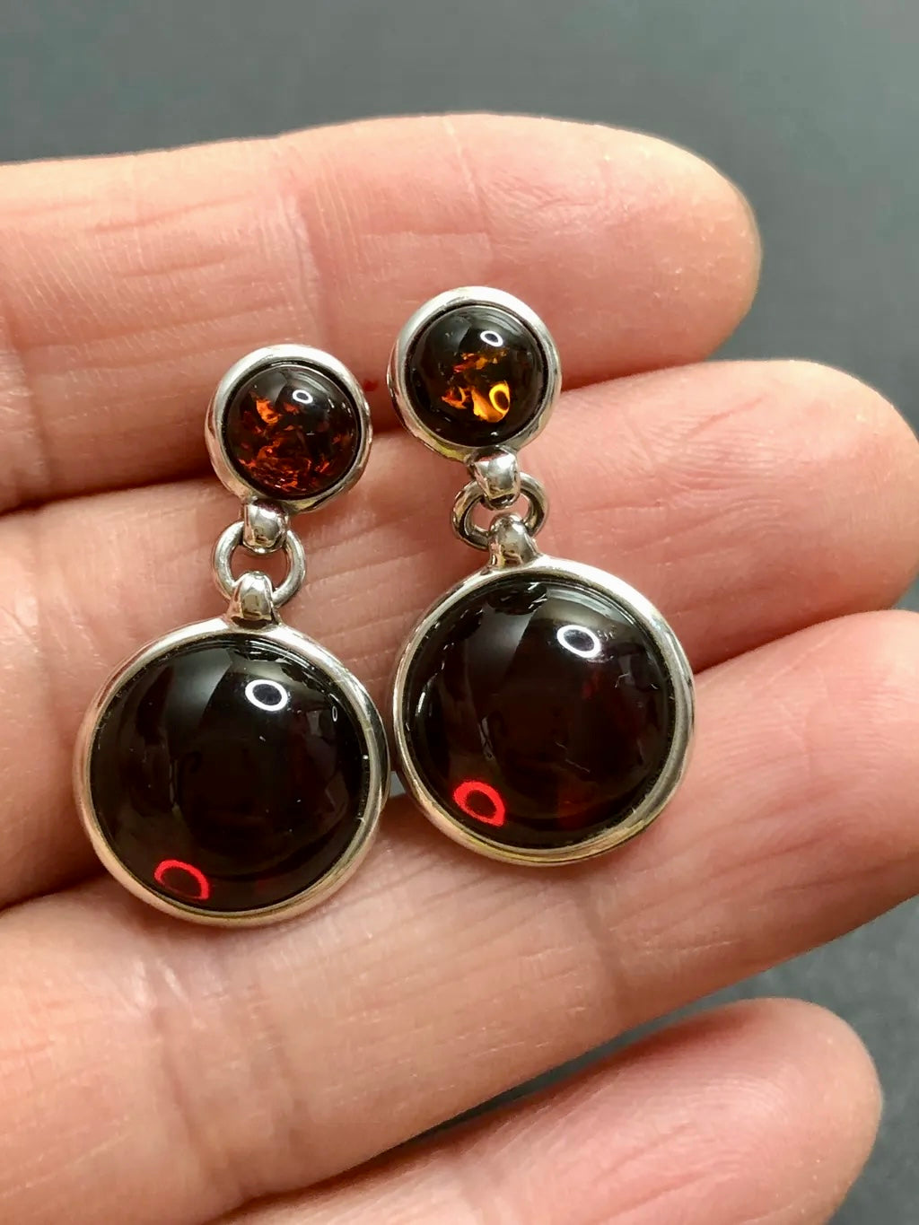 Handmade Baltic Natural Red Amber Round Tag 925 Sterling Silver Earrings