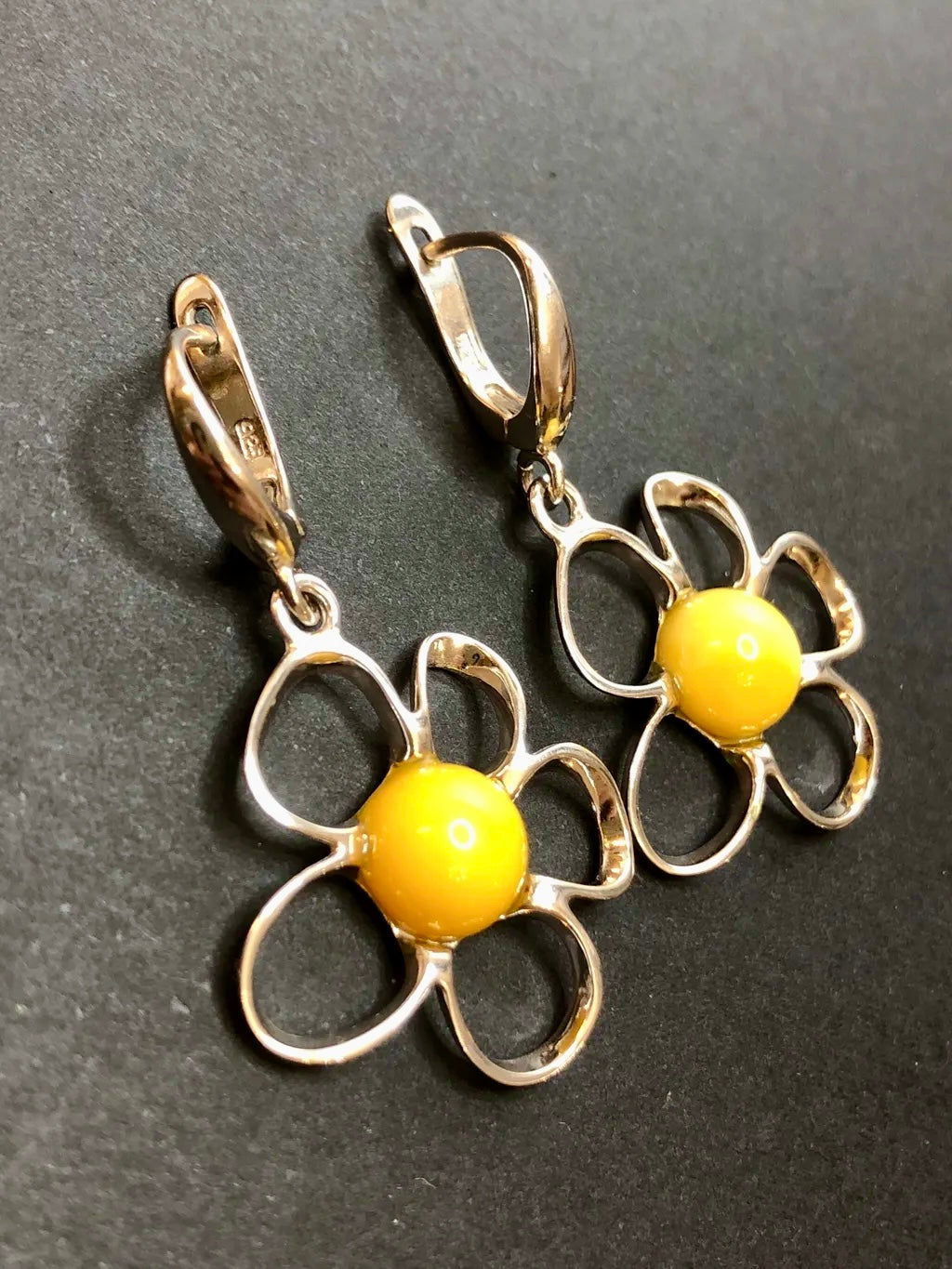 Baltic Natural Chicken-fat Yellow Amber Apple Blossom 925 Sterling Silver Earrings