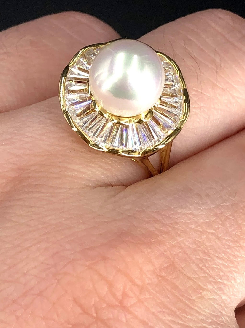 9mm White Swarovski Bar Crystal Pearl Bead 18K Gold Plated 925 Sterling Silver Ring