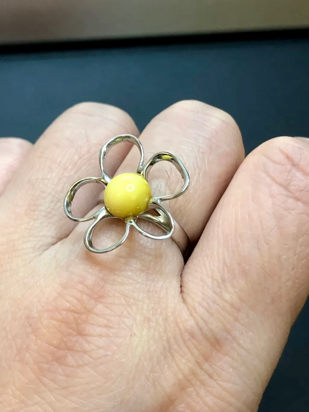 Handmade Baltic Natural Beeswax Amber Apple Blossom 925 Sterling Silver Ring Size 6.5