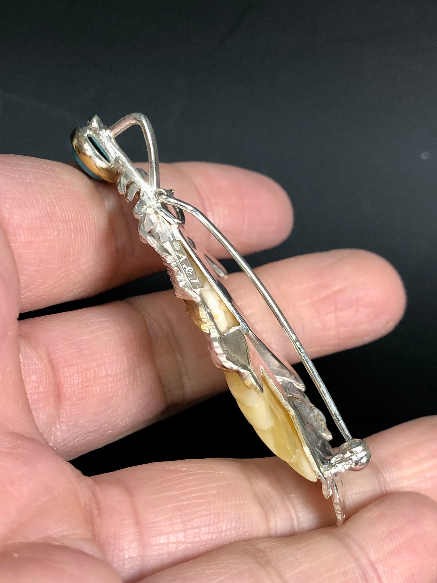 Handmade Genuine Baltic Natural White Amber with turquoise 925 feather-shaped three-dimensionalPendant/Brooch without a chain
