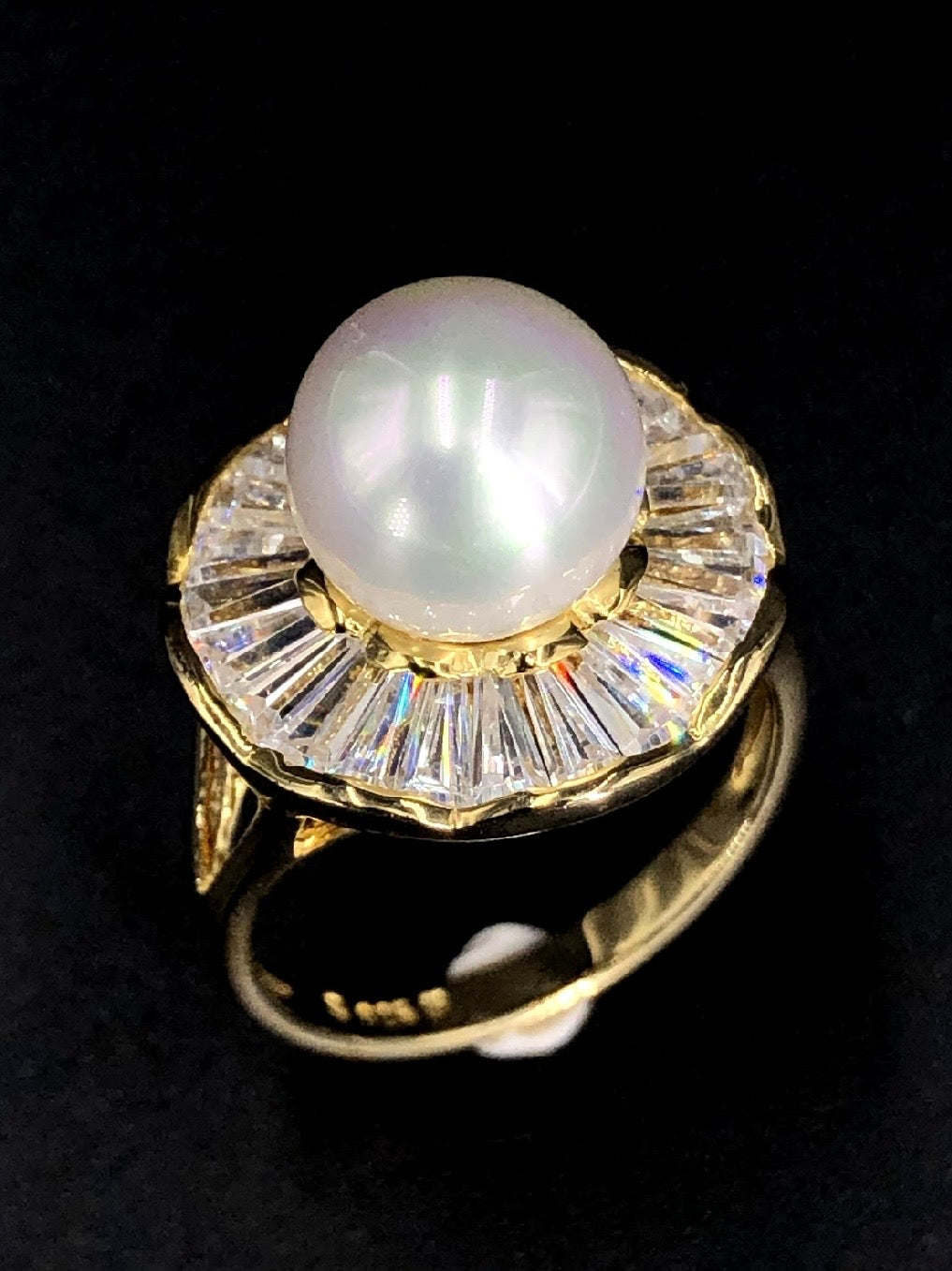 9mm White Swarovski Bar Crystal Pearl Bead 18K Gold Plated 925 Sterling Silver Ring