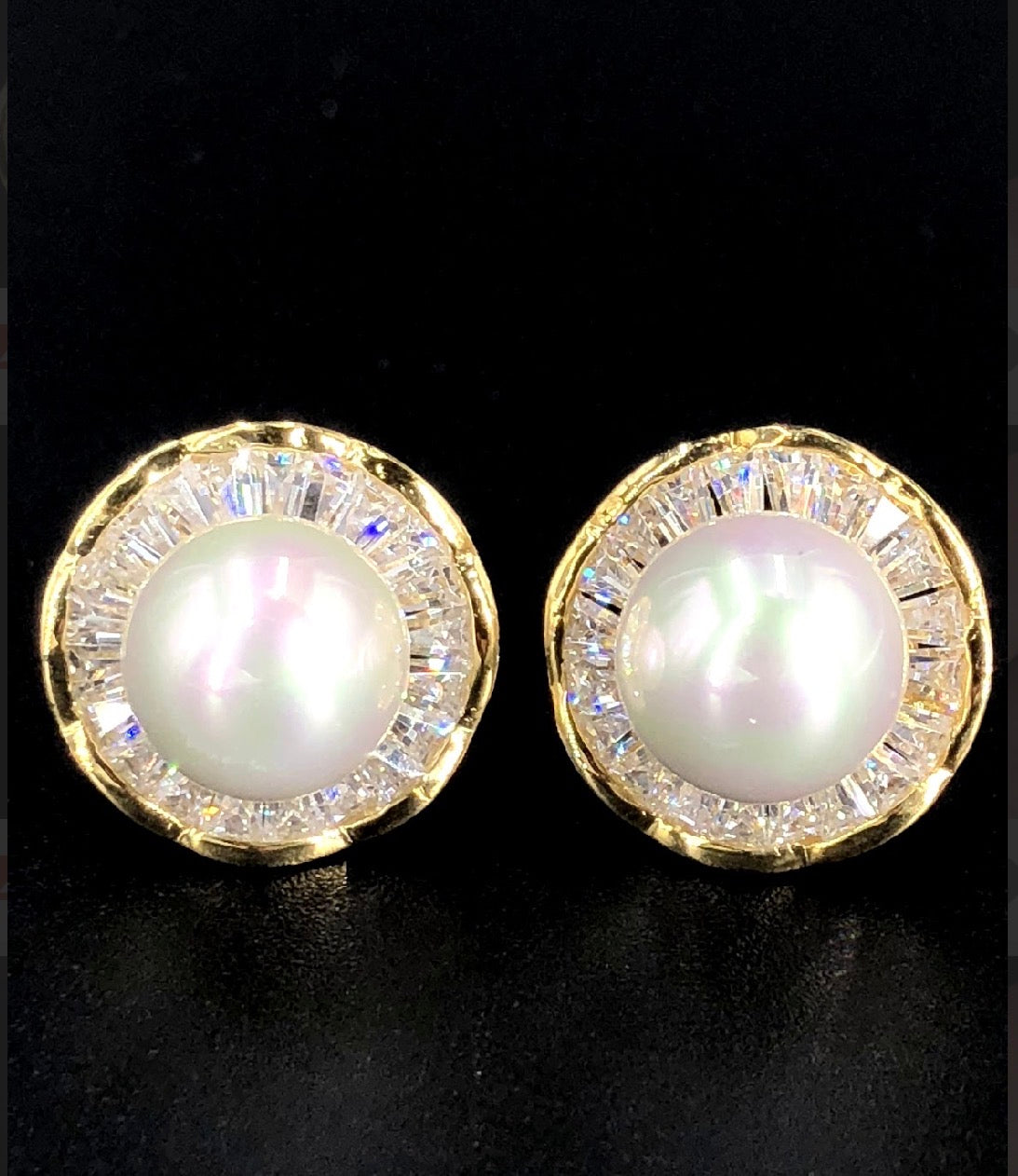 9mm White Swarovski Bar Crystal Pearl Bead 18K Gold Plated 925 Sterling Silver Stud Earrings