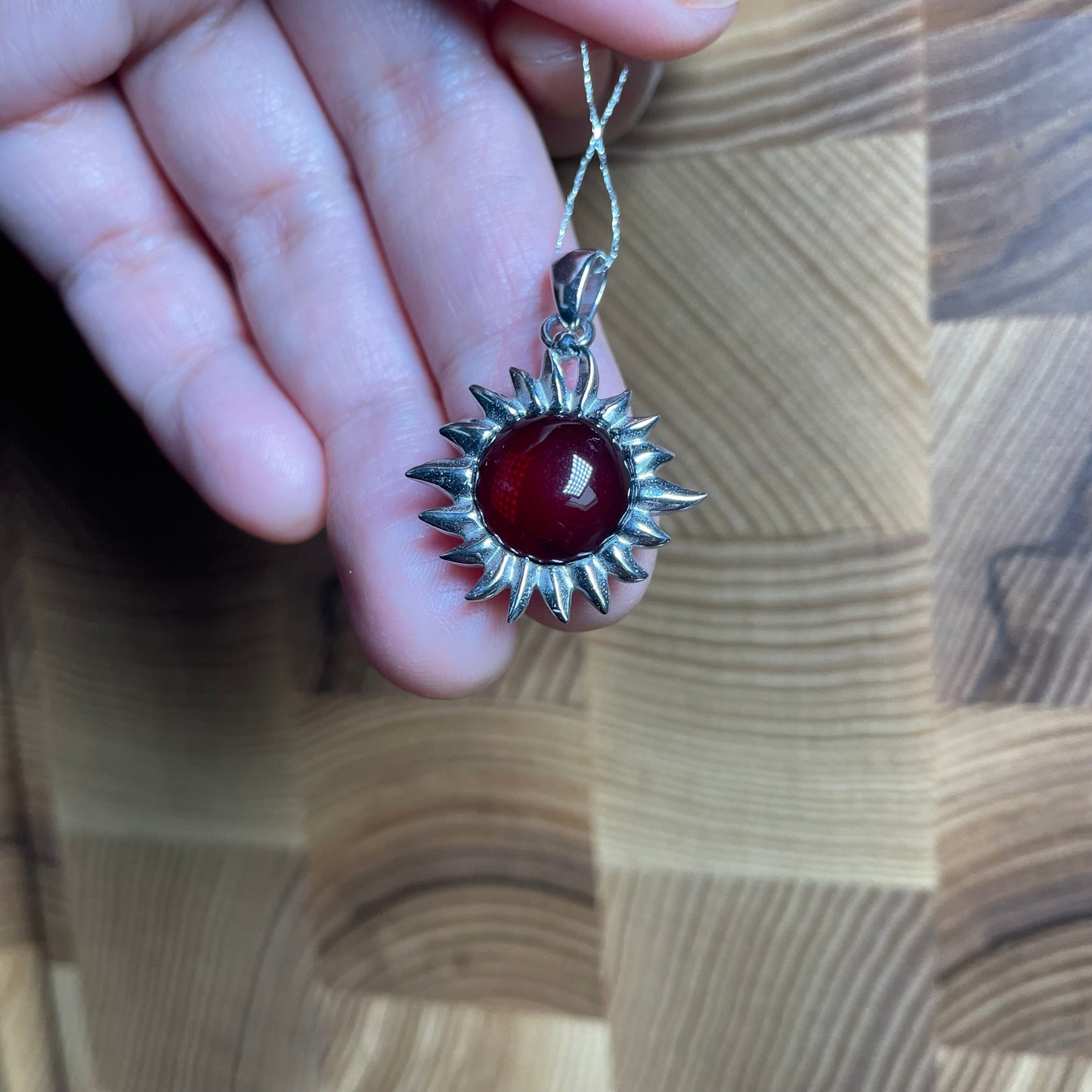 Handmade Baltic Natural Red Amber Sun 925 Sterling Silver Pendant